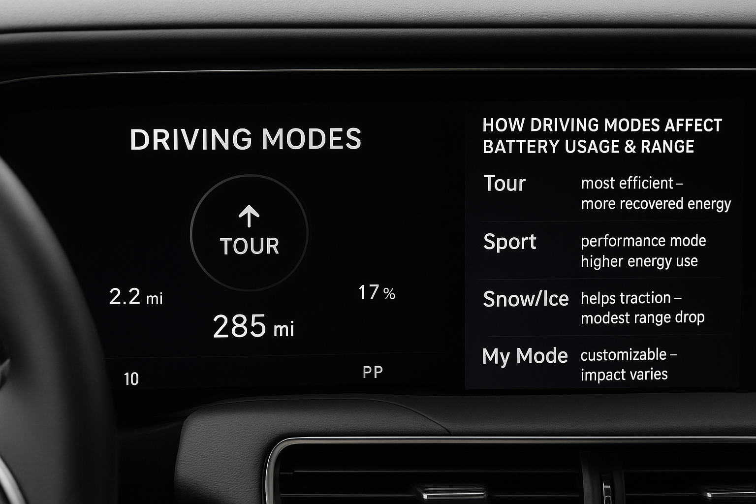 Do the driving modes in Cadillac Lyriq offer different ranges or battery usages?