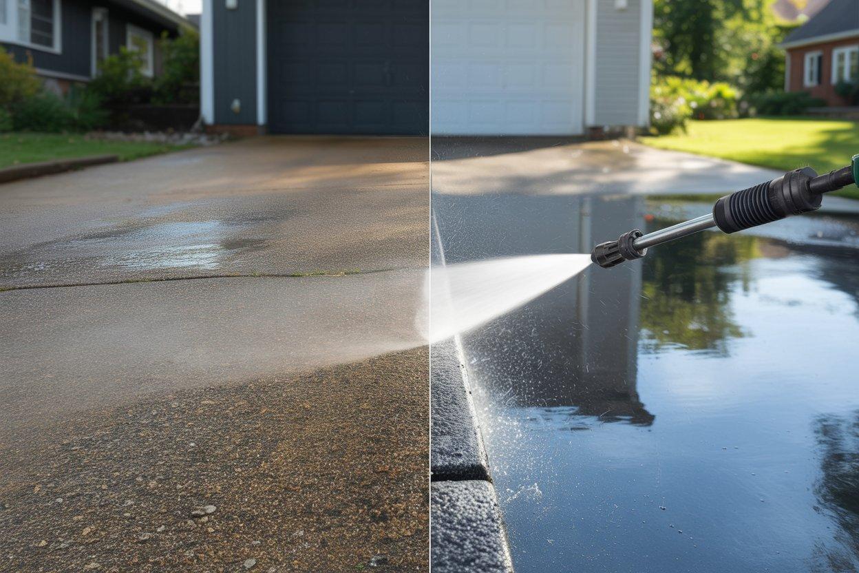 Pressure washer cleaning transformation split-screen