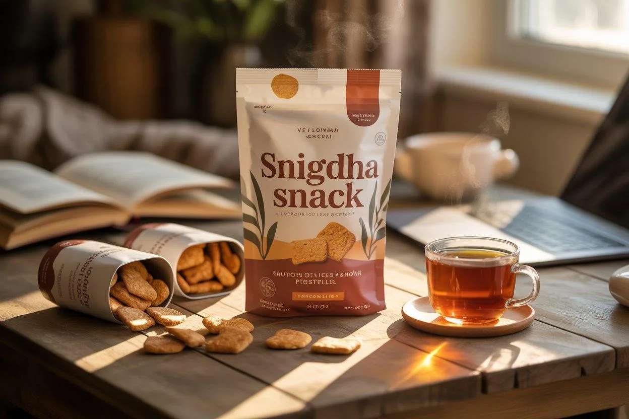 Warm inviting premium snack scene for SnigdhaSnack