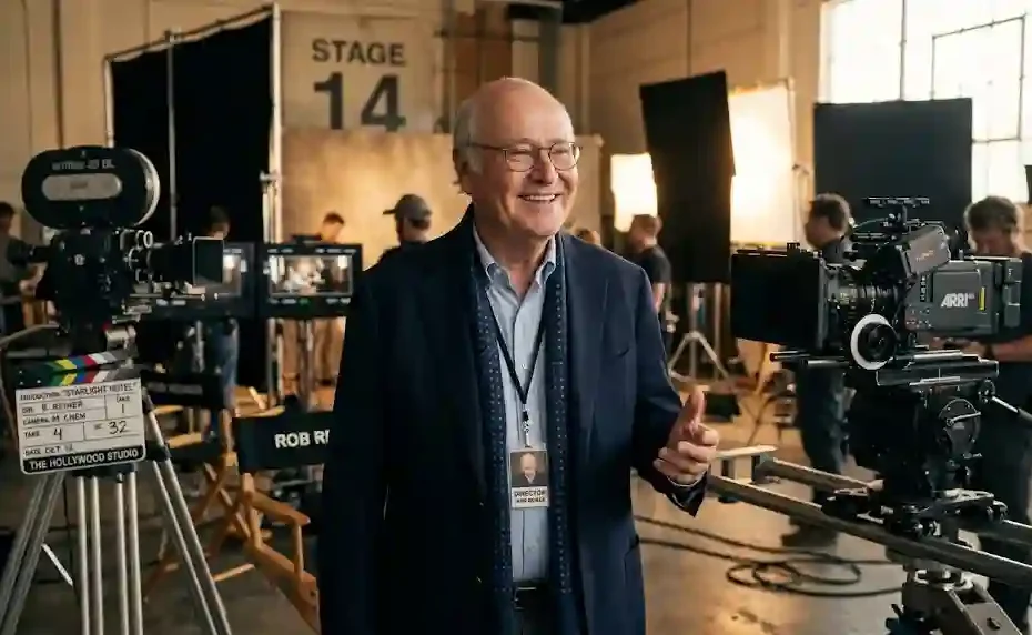 Rob Reiner smiling in a navy jacket on a movie soundstage with film cameras and lighting.